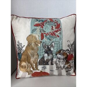 Pier 1‎ Tapestry Pillow Embroidered  Dog  French Bulldog Golden Retriever Autumn